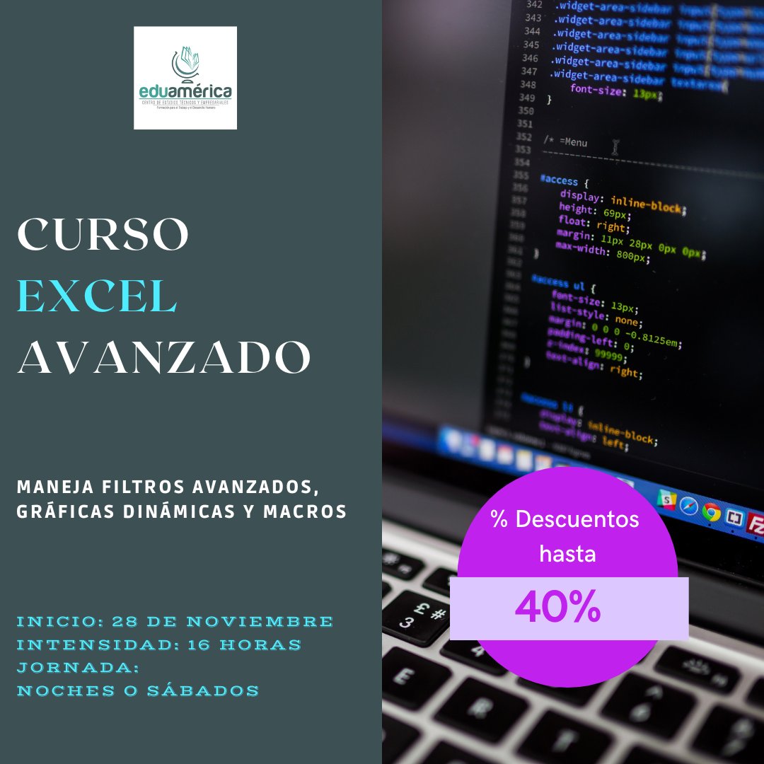 EDUAMERICA2's tweet photo. "Maneja filtros avanzados, gráficas dinámicas y macros"
Modalidad: Virtual
Intensidad: 16 horas
Inicio jornada noche 28 de noviembre
Horario: 6:00 p.m. a 8:00 p.m. lunes a viernes
Inicio jornada sábados 26de noviembre
Horario: 8:00 a.m. a 12:00 p.m.
Tarifas: https://t.co/NUxv7otOP0