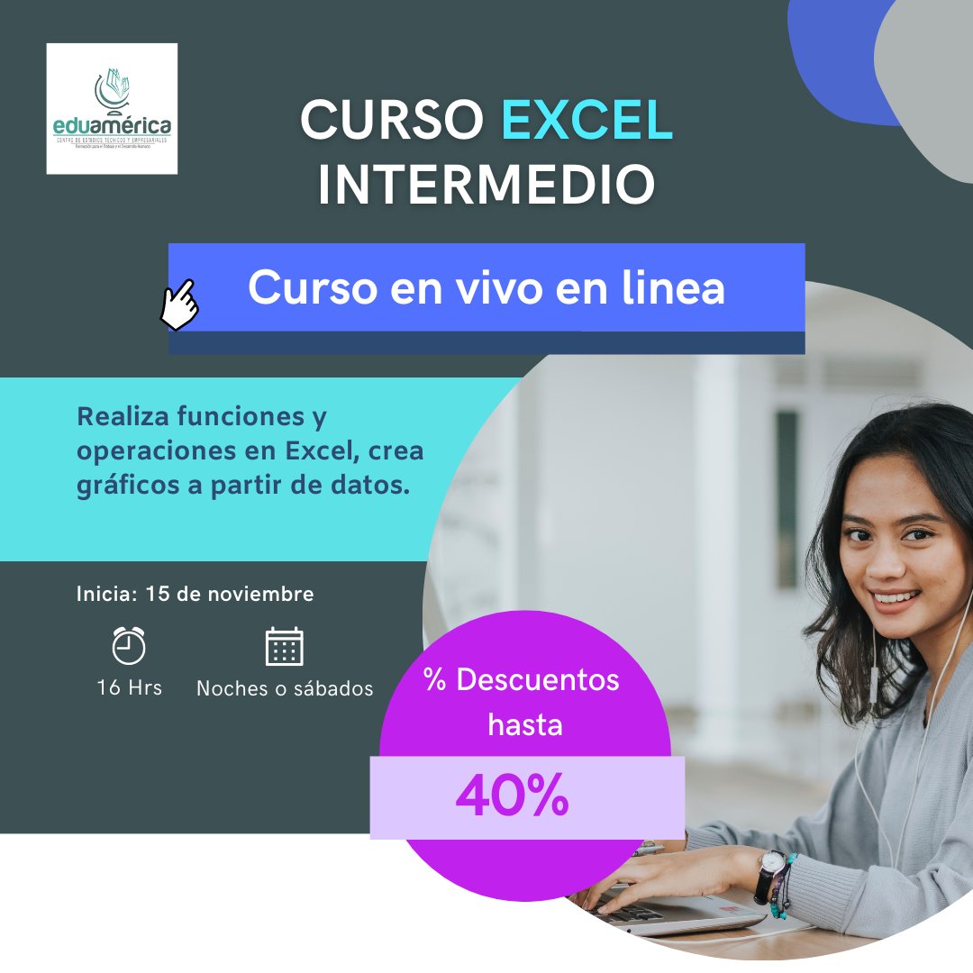 EDUAMERICA2's tweet photo. "Realiza funciones y operaciones en Excel, crea gráficos a partir de datos".
Modalidad: Virtual
Intensidad: 16 horas
Inicio jornada noche 15 de noviembre
Horario: 6:00 p.m. a 8:00 p.m. lunes a viernes
Inicio jornada sábados 12 de noviembre
Horario: 8:00 a.m. a 12:00 p.m. https://t.co/I6Bgu7SqlC