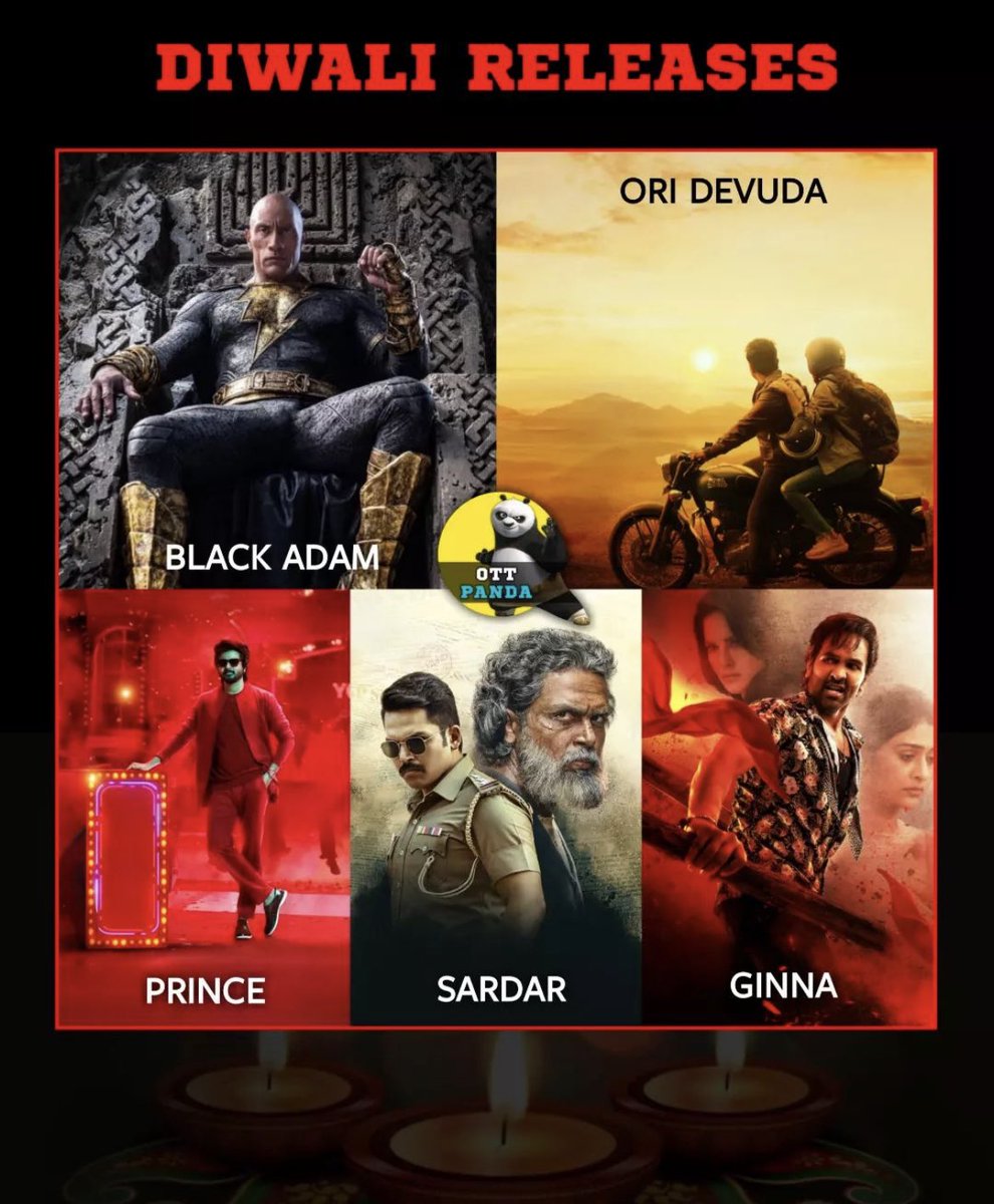 OTTPANDAYA's tweet photo. ottpandain This Diwali Releases
Oct 20 - #BlackAdam
Oct 21 - #Oridevuda
#Prince
#Sardar
#Ginna https://t.co/IWfWQj10fv