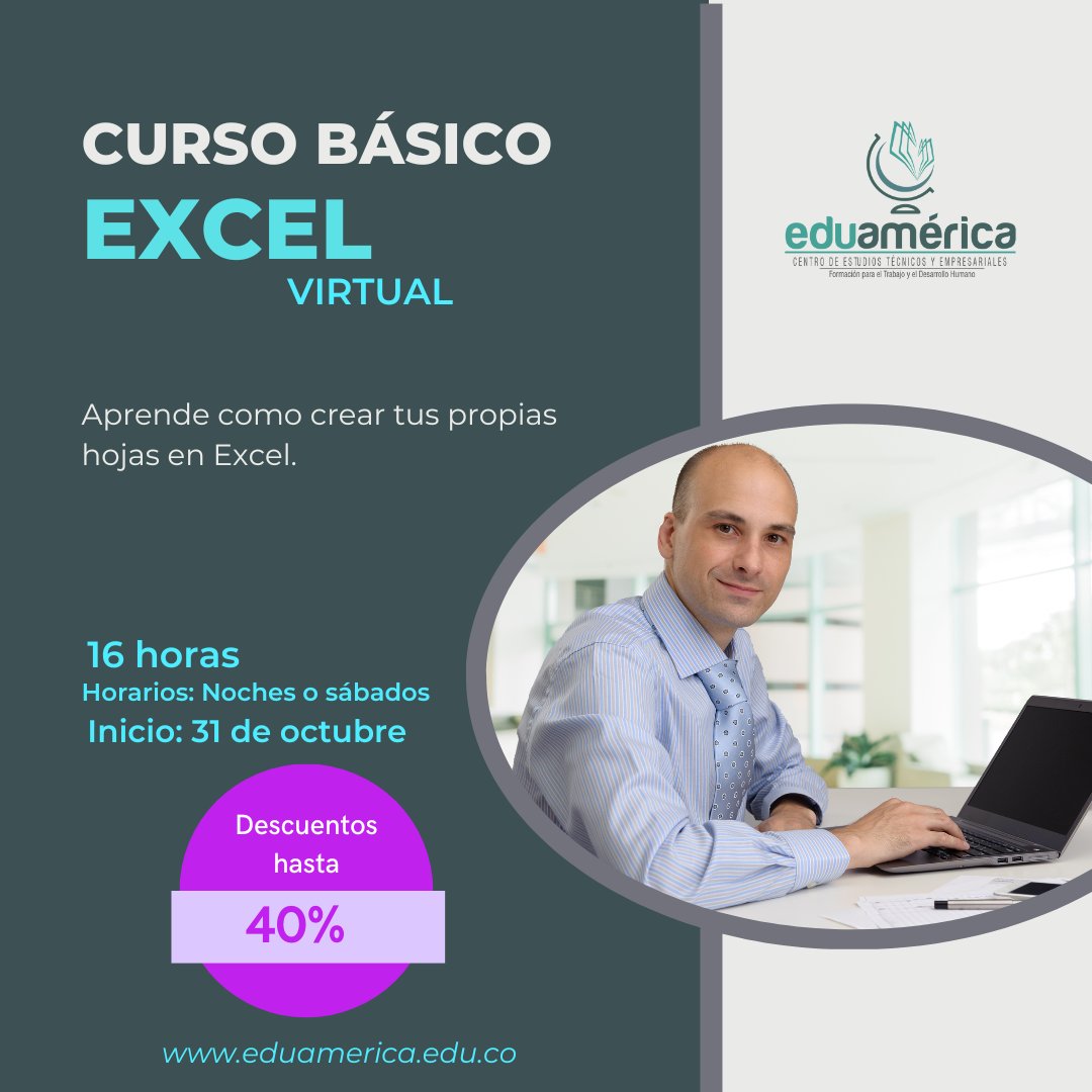 EDUAMERICA2's tweet photo. "Aprende a crear tus propias hojas en Excel"
Modalidad: Virtual
Intensidad: 16 horas
Inicio jornada noche 31 de octubre
Horario: 6:00 p.m. a 8:00 p.m. lunes a viernes
Inicio jornada sábados 29 de octubre
Horario: 8:00 a.m. a 12:00 p.m. https://t.co/YDWXdn5R4G