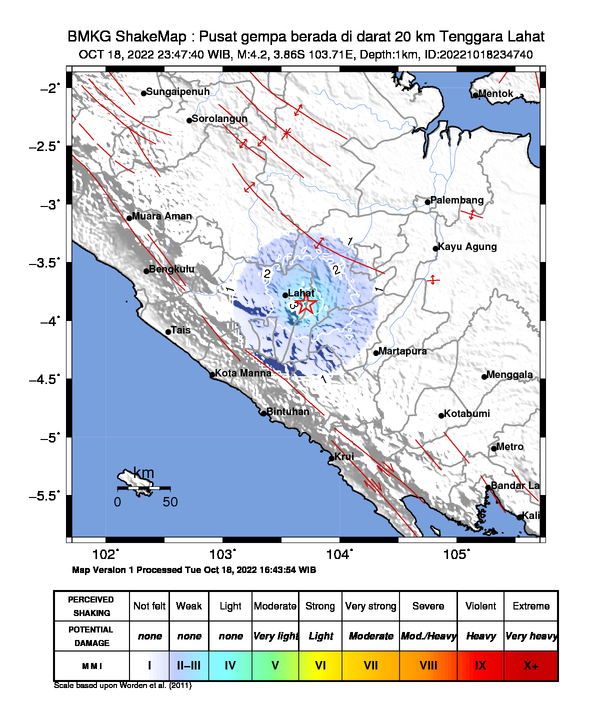 #Gempa Mag:4.2, 18-Okt-22 23:47:40 WIB, Lok:3.86 LS, 103.71 BT (Pusat gempa berada di darat 20 km Tenggara Lahat), Kedlmn:1 Km Dirasakan (MMI) III-IV Tanjung Enim, II-III Muara Enim, II-III Lahat #BMKG