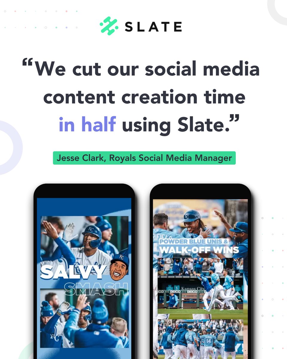 When looking at tools for on-the-go content creation, the <a href="/Royals/">Kansas City Royals</a> saw the immediate impact Slate would make to their content and the team!

So much so that <a href="/jessec1ark/">Jesse Clark</a> said they were able to cut their content creation time in HALF using Slate🥳.

➡️ lnkd.in/gPjK6jSm