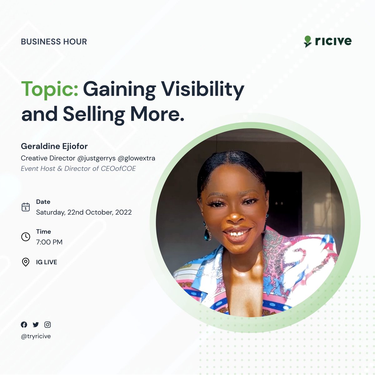 tryRicive's tweet photo. Find out more ways to gain visibility and sell more.
Join our business hours on, Saturday, 22nd October, 2022 at 7 pm on Instagram.
#sme #BusinessOwners #tryricive https://t.co/gkwJQX6sYv
