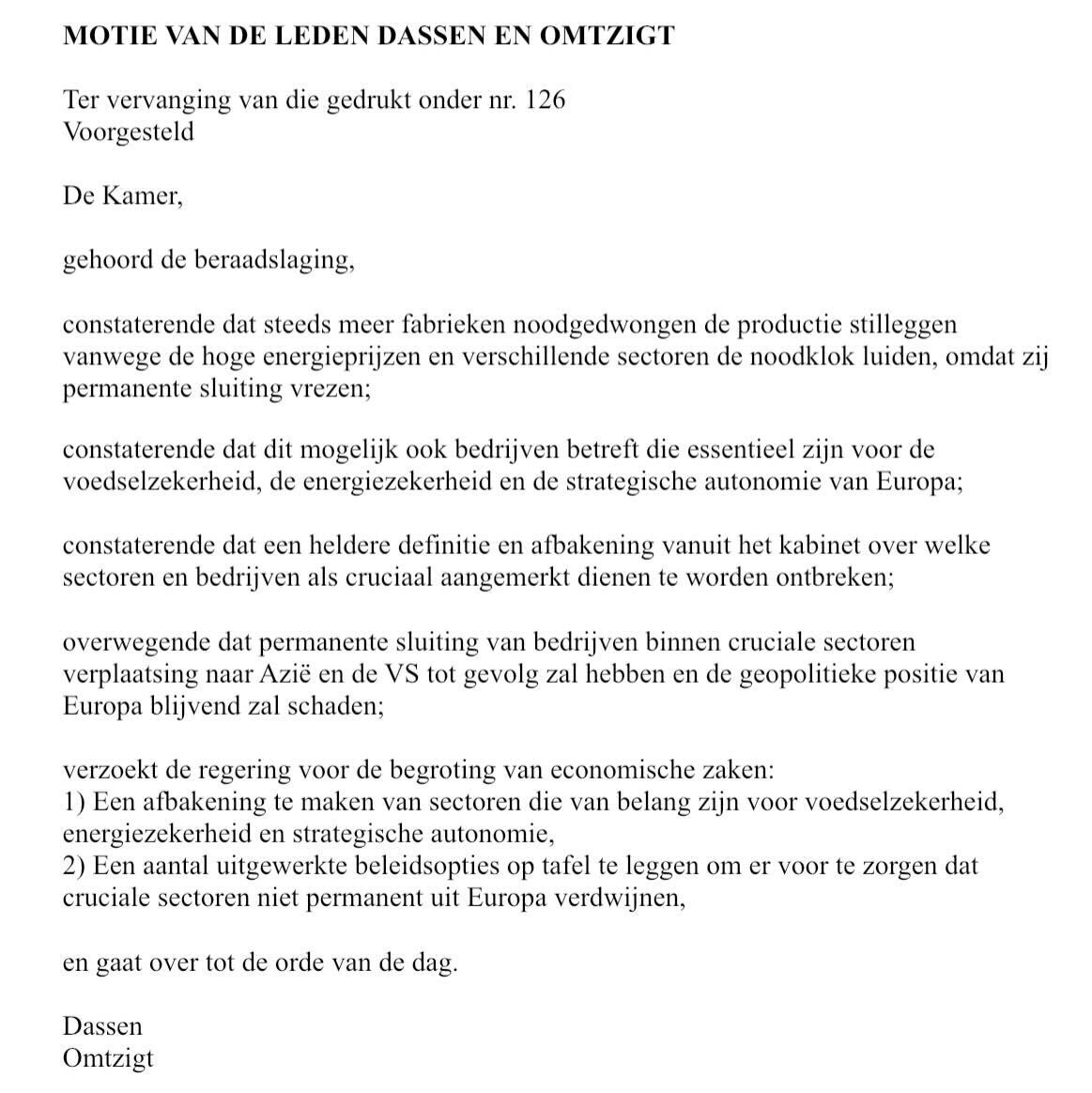 Bedrijven leggen noodgedwongen de productie stil. Ook die essentieel zijn voor de de klimaat- en energietransitie, en de strategische autonomie. De de-industrialisatie van Europa moet worden voorkomen. 

Fijn dat de Kamer vandaag instemde met de motie van <a href="/pieteromtzigt/">Pieter Omtzigt</a> en #Volt