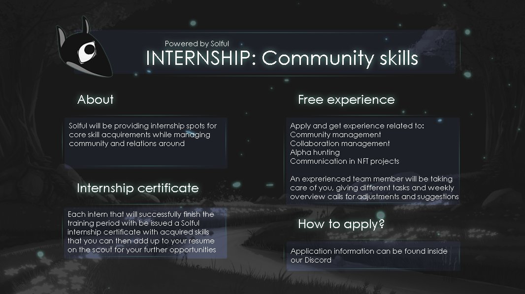 Powered by Solful INTERNSHIP: Community Skills (Holders only) First small piece drop of the upcoming Whitepaper V 2.0 release. The bigger ones are coming soon. 👀 Join our discord, learn more: discord.gg/TNhbYV8Swp