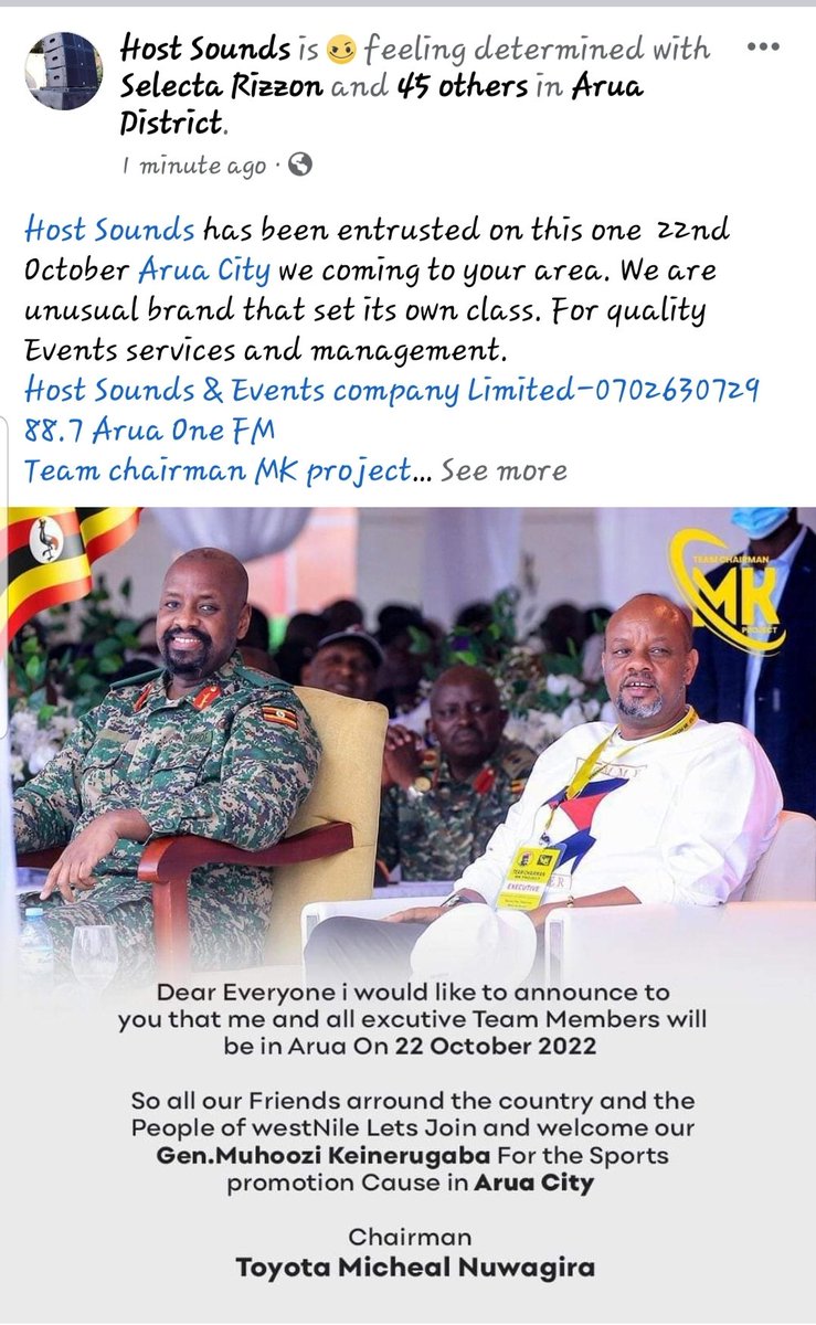 events_host's tweet photo. Entrusted on this one 22nd #Arua city the general is coming https://t.co/n8jQP1zNpC