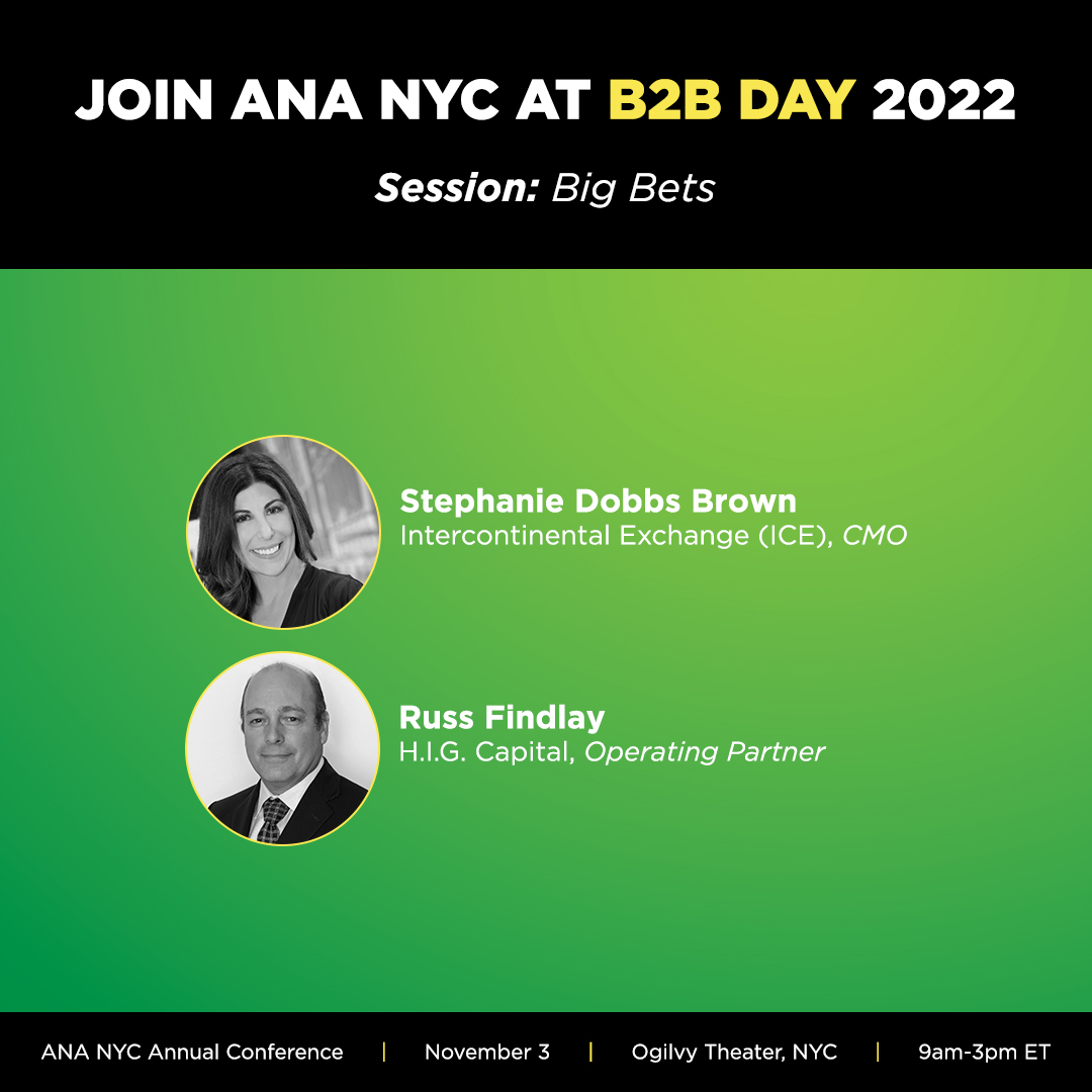 Intercontinental Exchange, (ICE) is a Fortune 500 powerhouse built on big, boundary-breaking bets. Join CMO, Stephanie Dobbs Brown, &amp; Russ Findlay Operating Partner, H.I.G. Capital, at #B2BDay and  discover how bigger bets pay off in out-performance:  bit.ly/3fFl1AK