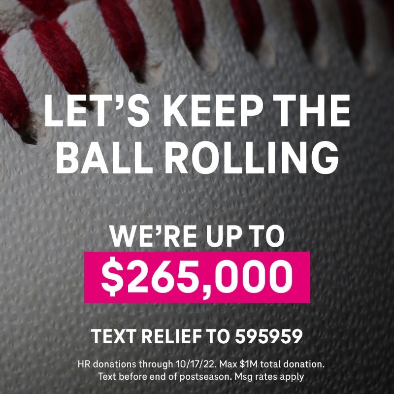 MLB's tweet photo. T-Mobile is donating $5,000 per #postseason home run to support hurricane recovery, plus another $5 when you text “RELIEF” to 595959, up to $1M in total donations! https://t.co/hpwNQKuJGn