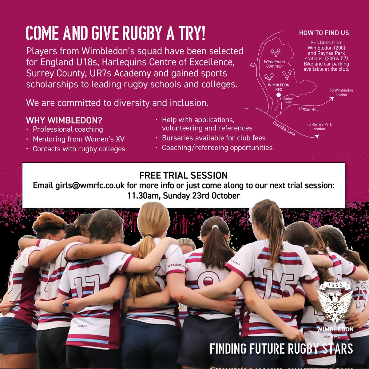 GirlsWimbledon's tweet photo. Aged 16-18, sporty and keen to have a go at rugby? Head over to Wimbledon RFC this Sunday for our U18 girls' trial session. Let's find #futureredroses @RicardsPE @TrinityCroydon @UHSPeDept @ArkPutney @PutneyHighSport @EpsomC_PE @stjohnssport @ECSPE @CoombeGirlsNews @officialRPHS https://t.co/HKprldBdnM