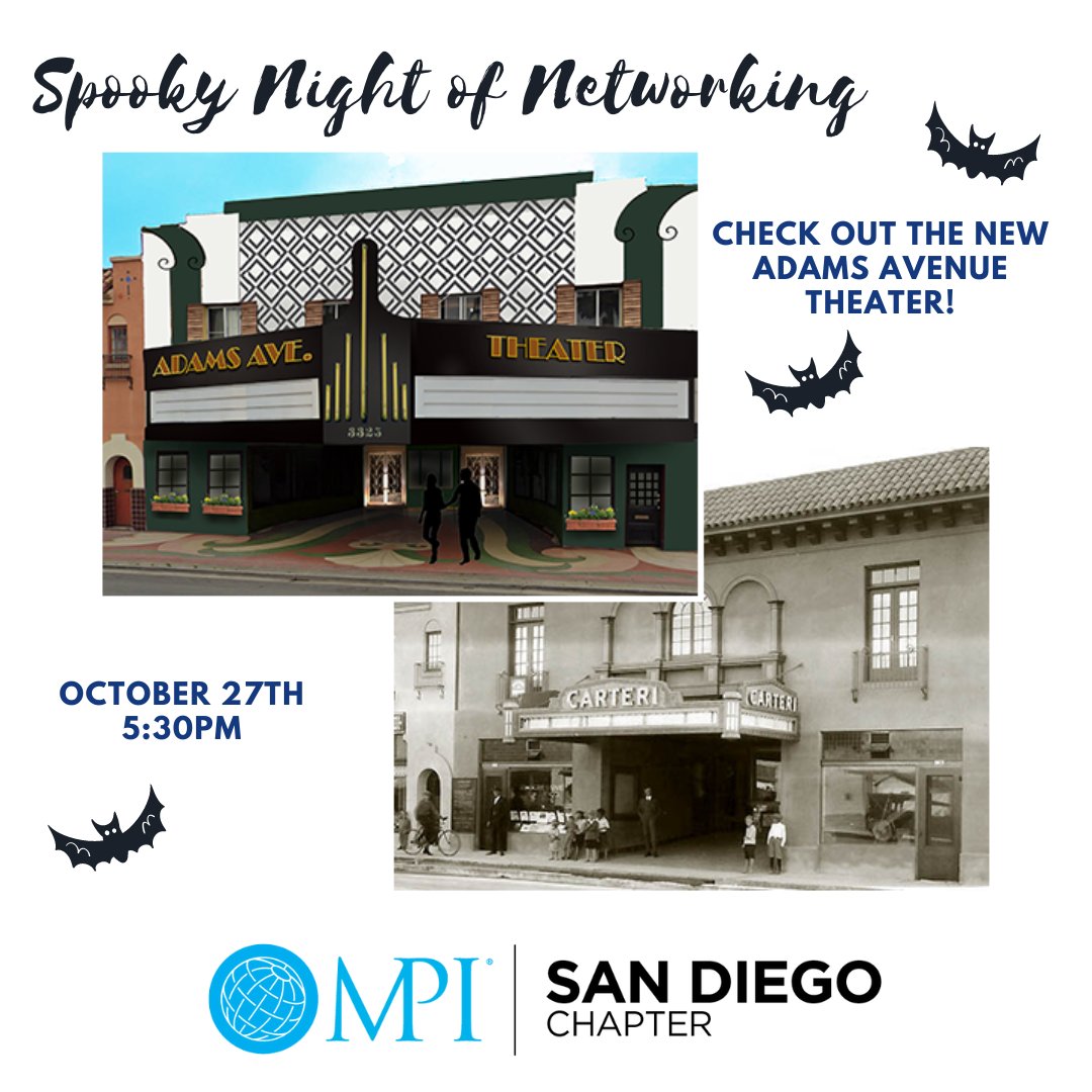MPISanDiego's tweet photo. Grab your tickets before prices increase on Thursday for our Spooky Night of Networking! You don't want to miss this debut of Adams Avenue Theater. Costumes are highly encouraged. You may even win a special prize! 
Register today: https://t.co/j00xJmzizP https://t.co/X9GKA1lKnN