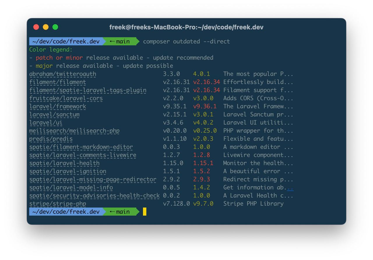 Use `composer outdated --direct` to view outdated dependencies of your app