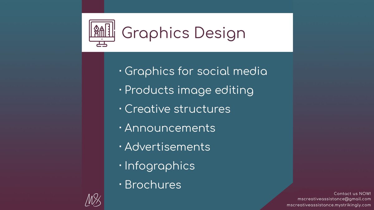 mscreativassist's tweet image. Here are the details of the services MS Creative Assistance offers.
📊 PowerPoint Design
🖼️ Graphics Design
🎞️ Video Editing
⌨️ Data Entry

🌐 mscreativeassistance.strikingly.com

#mscreativeassistance #msgeneralvirtualassistant #virtualassistantforcreatives #creativeminds