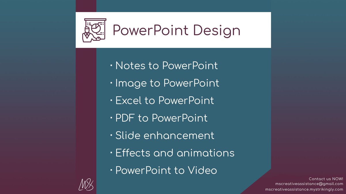 mscreativassist's tweet image. Here are the details of the services MS Creative Assistance offers.
📊 PowerPoint Design
🖼️ Graphics Design
🎞️ Video Editing
⌨️ Data Entry

🌐 mscreativeassistance.strikingly.com

#mscreativeassistance #msgeneralvirtualassistant #virtualassistantforcreatives #creativeminds