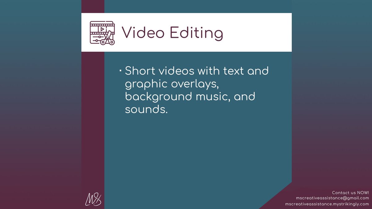 mscreativassist's tweet image. Here are the details of the services MS Creative Assistance offers.
📊 PowerPoint Design
🖼️ Graphics Design
🎞️ Video Editing
⌨️ Data Entry

🌐 mscreativeassistance.strikingly.com

#mscreativeassistance #msgeneralvirtualassistant #virtualassistantforcreatives #creativeminds
