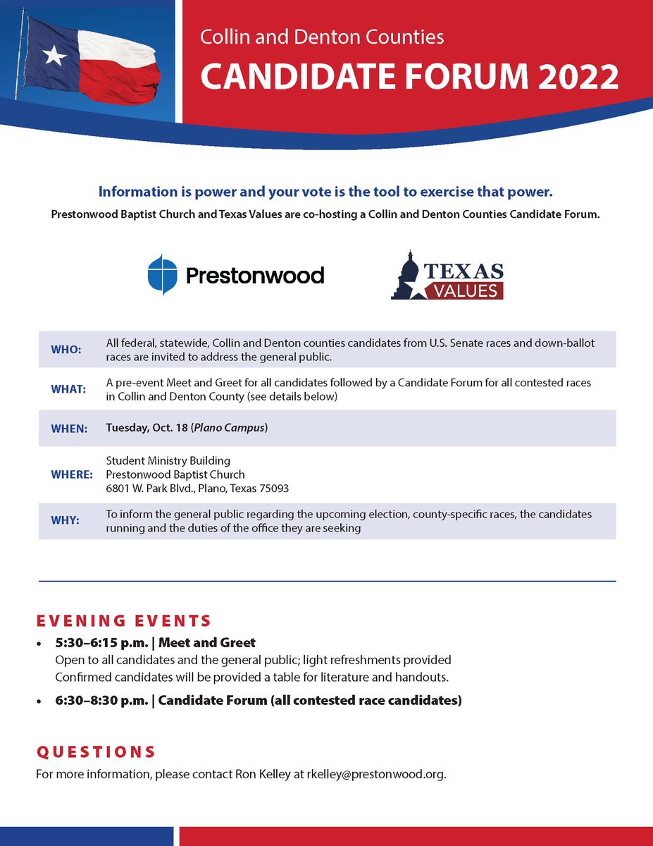 JudgeMissildine's tweet photo. Candidate forum tonight at Prestonwood Baptist Church in Plano. Will have many candidates from political races in both Collin and Denton counties. Hope to see you there! https://t.co/X66urkofQo