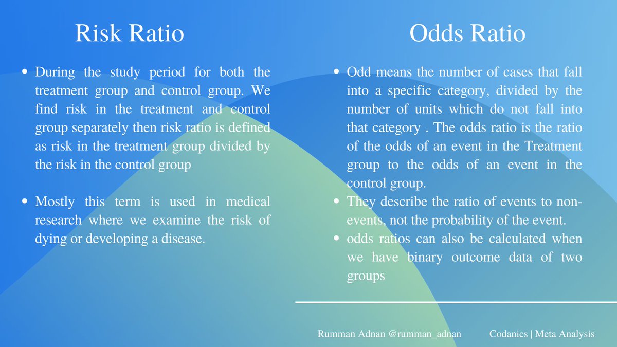 Rumman_Adnan's tweet photo. (7/10) Effect Size
Difference between the Risk ratio and Odds ratio?
When to use them?

#pakdatasci #DataScience #Datavisualization #metaAnalysis #systematicreview #phdchat #academicchatter #RStats #rstatsES #effectsize #phdforum https://t.co/jx5fuNPgWy