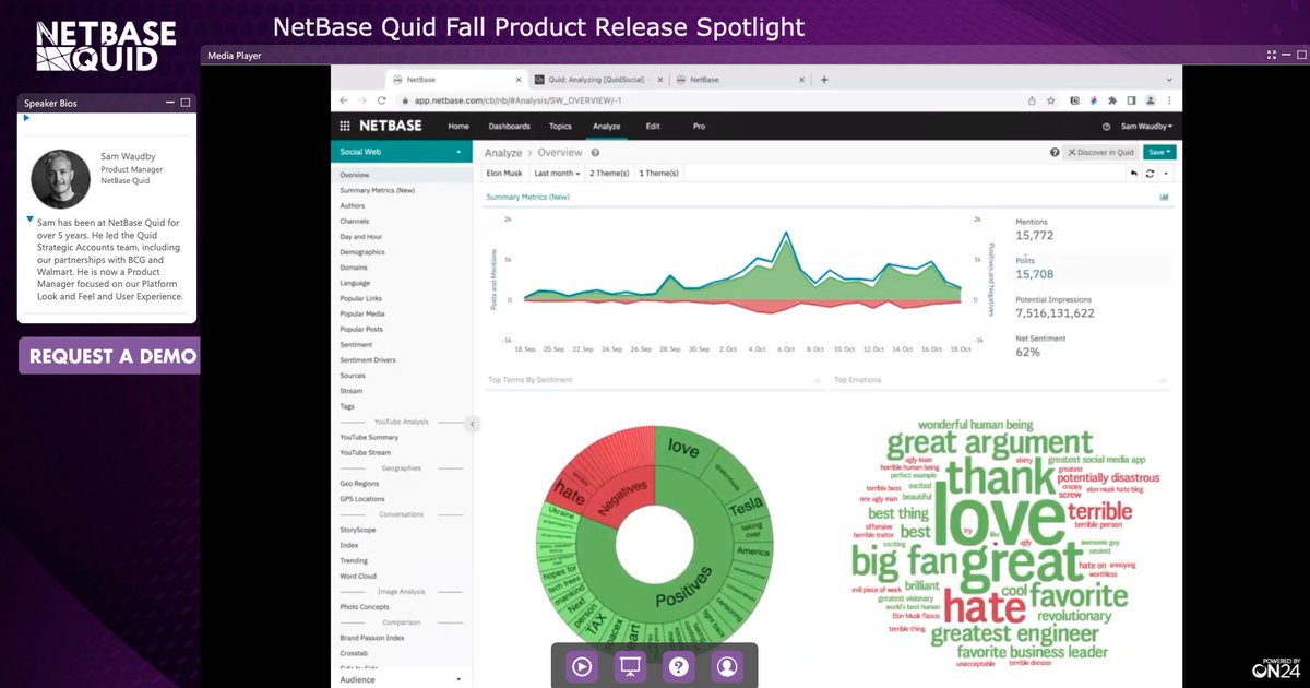 quid_official's tweet photo. Thank you to our Product Manager, Sam Waudby, for leading today's demo spotlighting #KOLs like #ElonMusk while highlighting our #NetBaseQuid® Fall Product Release features during today's #NetBaseQuidWebinar. Loving the new dark mode dashboards 😍 https://t.co/riedErguOB