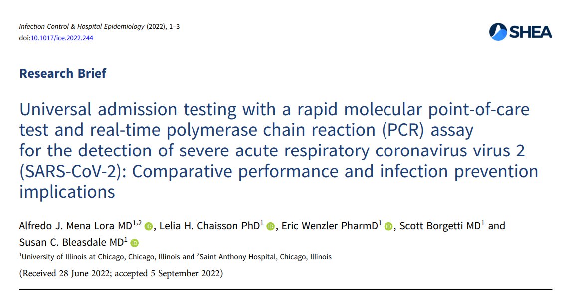 New from <a href="/amenalor/">Alfredo J Mena Lora MD FIDSA</a> <a href="/TheIDApprentice/">Eric Wenzler</a> <a href="/sbleas66/">Susan Bleasdale, MD</a> <a href="/leliachaisson/">Lelia Chaisson</a>

Testing admissions w/ Abbott IDNOW POC identified 74% of patients w/ PCR-confirmed cases. 

Sensitivity was 85% for those w/clinical suspicion of COVID-19 and lower 56.4% without symptoms

📄: doi.org/10.1017/ice.20…