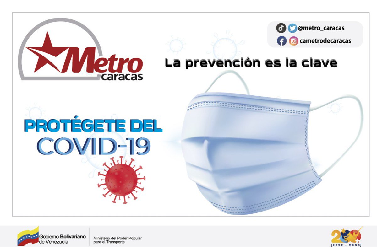 #LaPrevenciónEsLaClave 😷 Durante tu recorrido y permanencia en el Sistema @metro_caracas es obligatorio el uso del tapabocas. ¡Cuidemos a los nuestros! #ElMetroSeMueveContigo #ElMetroRenace @NicolasMaduro