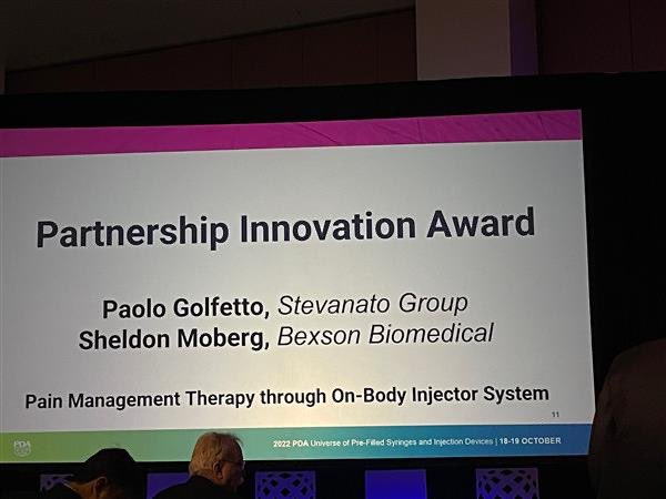 StevanatoGroup's tweet photo. We are proud to announce that Stevanato Group and Bexson Biomedical have just been awarded with the 2022 PDA Drug Delivery Innovation Award for the Partnership in their non-opioid on-body delivery system here at the PDA Universe of Pre-filled Syringes Conference!
#pdaups #Pharma https://t.co/wbrPuuplJB