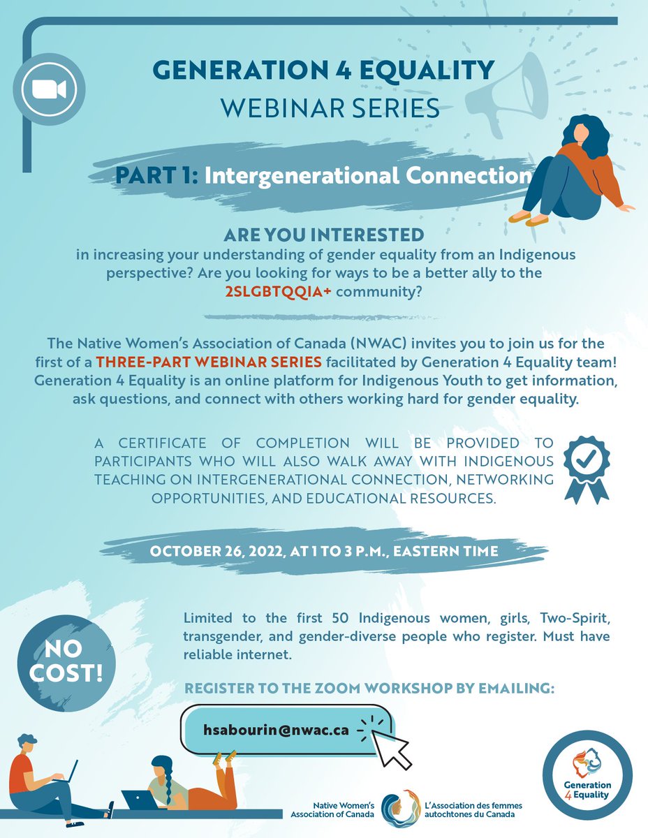 NWAC_CA's tweet photo. What an amazing opportunity to become a stronger and knowledgeable ally for gender equality! 

To register email hsabourin@nwac.ca 
#G4E #webinarseries #Indigenousyouth #generationforequality https://t.co/QbDvwGN3v6