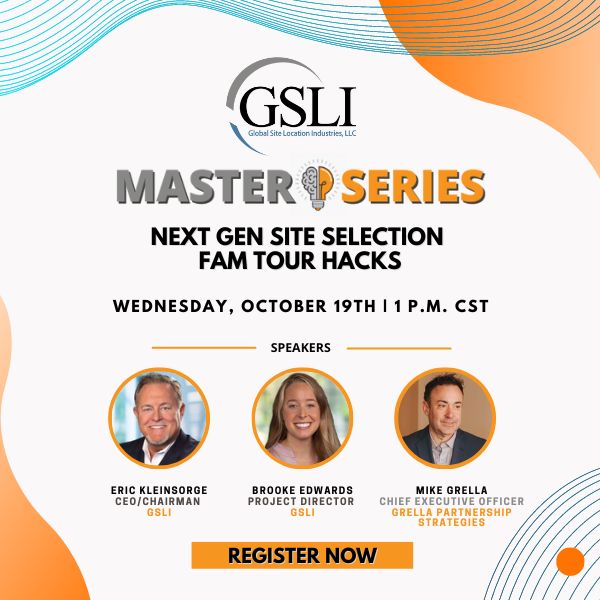 Register for tomorrow's <a href="/gsli_solutions/">Global Site Location Industries</a> #economicdevelopment #siteselection Master Series webcast to rock your next fam tour!  

Brooke, Eric, and I look forward to seeing y'all. lnkd.in/gAF6nDTM.