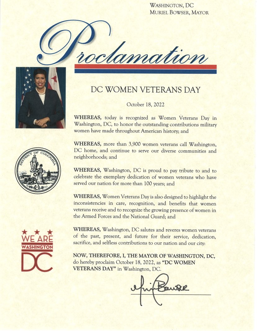 dc_ova's tweet photo. 🗣DC Women Veterans and Allies

Today @MayorBowser @dc_ova recognize and proclaim  Women Veterans Day in Washington DC, to honor the outstanding contributions women have made in military service throughout American History… WE THANK YOU 🪖🇺🇸 #womenveterans #salute https://t.co/kgHUwGB8kK