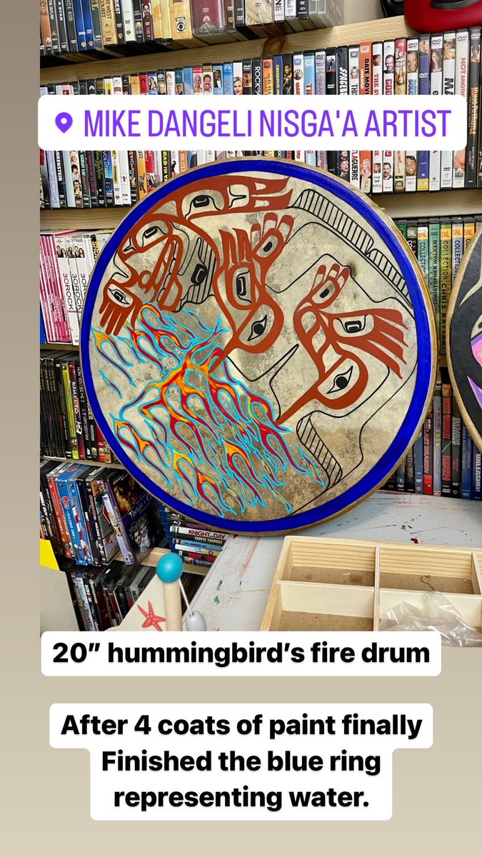 20” hummingbird’s fire drum 

After 4 coats of paint finally Finished the blue ring representing water. 

#hummingbird #fire #ałdig̱aws #ładuula̱la̱k #drum #handdrum #mikedangeli #mikedangeliart #mikedangelidesigns #mikedangelistudio