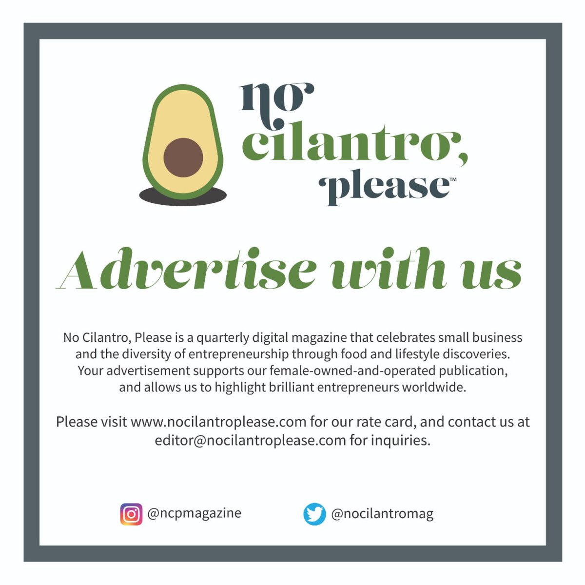 nocilantromag's tweet photo. Please visit https://t.co/zKDipBzyuI for our rate card, and contact us at editor@nocilantroplease.com or DM for inquiries. https://t.co/TYLumEXQ8V