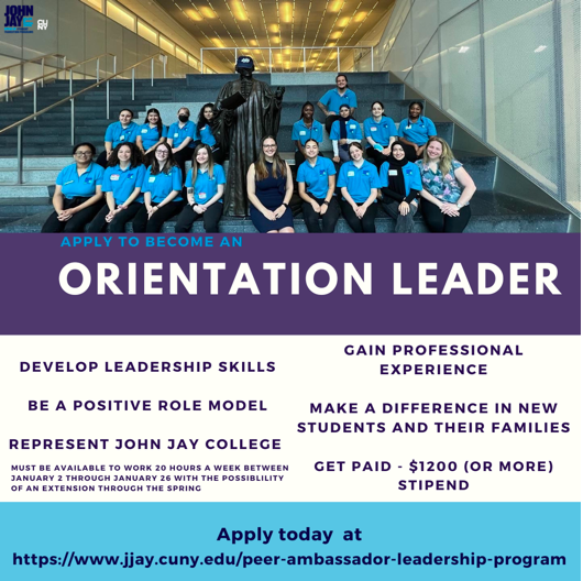 johnjayvets's tweet photo. New Student Orientation Leaders (OL) will work with the Peer Ambassador Team Leaders and staff of the office of Student Transition Programs to implement the New Student Orientation program in the Spring. Apply today! https://t.co/xnrOXiErni