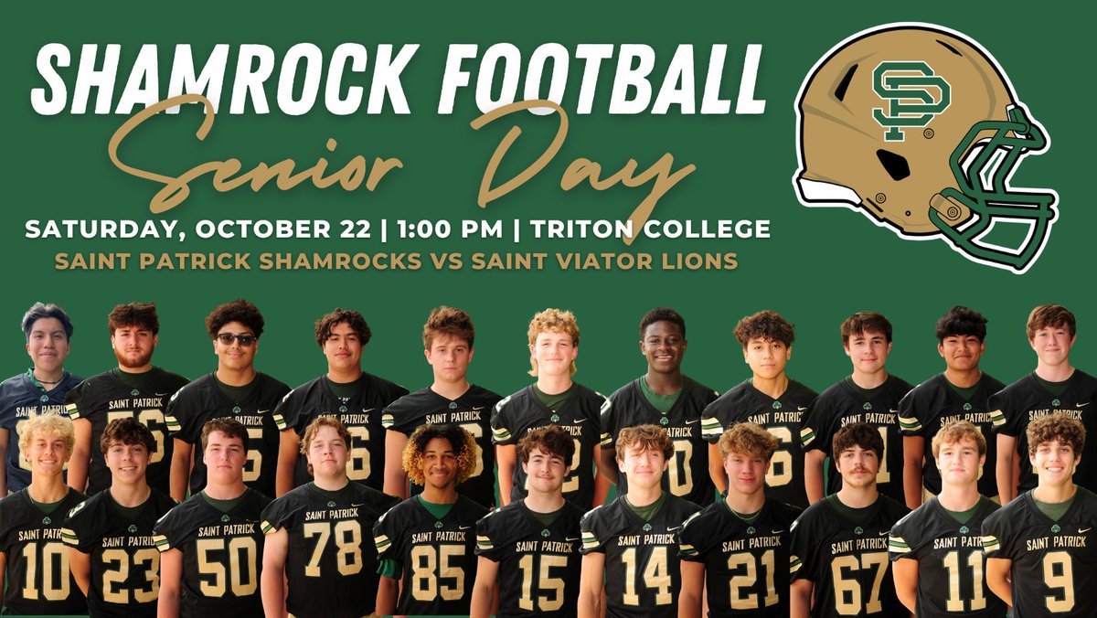 SATURDAY IS SENIOR DAY! Shamrocks host Saint Viator this Saturday, October 22 at Triton College at 1 pm. Shamrocks are playing for a State Playoff spot! Our senior football players and their families will be honored at the game. Come out and support our 22 seniors! #gorocks