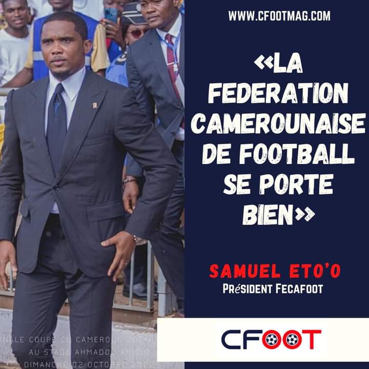 cfootcameroun's tweet photo. 💬 Samuel Eto’o : « Le public est de retour dans les stades. Les annonceurs nous font de plus en plus confiance. Tous ces clichés sont une preuve vivante que les choses bougent. La Fédération Camerounaise de Football se porte bien. » #CFOOT 🦁🇨🇲 https://t.co/Wu2COGkx8b