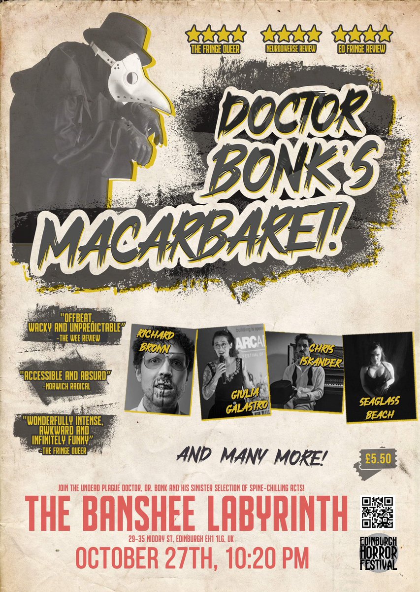 SockfaceSimpson's tweet photo. VOILA! 4 posters for each of the 4 showings of “Dr. Bonk’s Macarbaret”, with each night’s prospective line-ups! 🖤
Saturday’s show’s already sold out! Get your tickets before they all are!
https://t.co/dxqJS8zMhU
@EdHorrorFest #edhorrorfest https://t.co/PtmRyT5CAZ