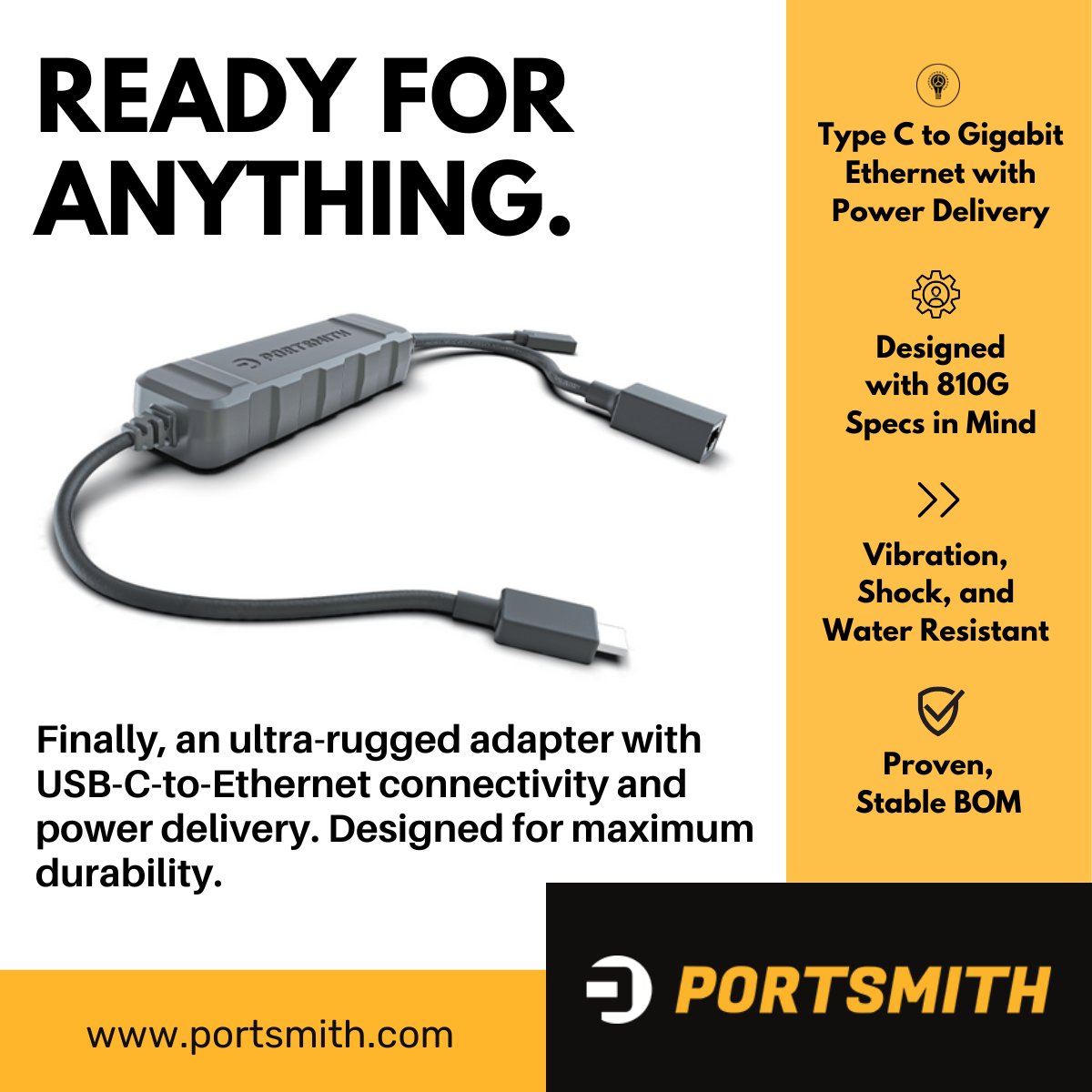 PortsmithTech's tweet image. Meet one of the latest additions to the Portsmith family of products. This ultra-rugged adapter provides USB Type C to Gigabit Ethernet plus USB-C power delivery in a completely encapsulated package. (It even won a 2021 GOOD DESIGN™ award.)
More: portsmith.com/accessories/po…