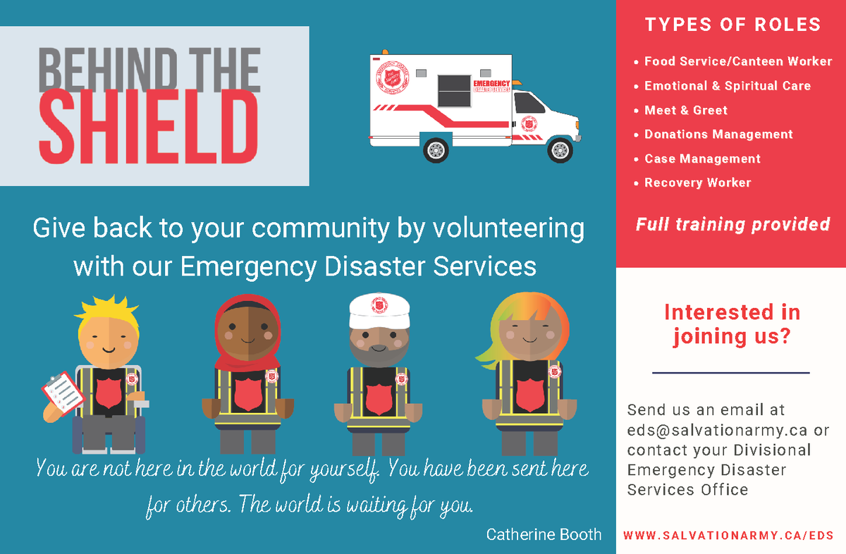 JOIN OUR TEAM - The Salvation Army utilizes volunteers in every aspect of Emergency Disaster Services. Full training is provided through the National Disaster Training Program.

Send us an email at eds@salvationarmy.ca for more information. #EMGTwitter
