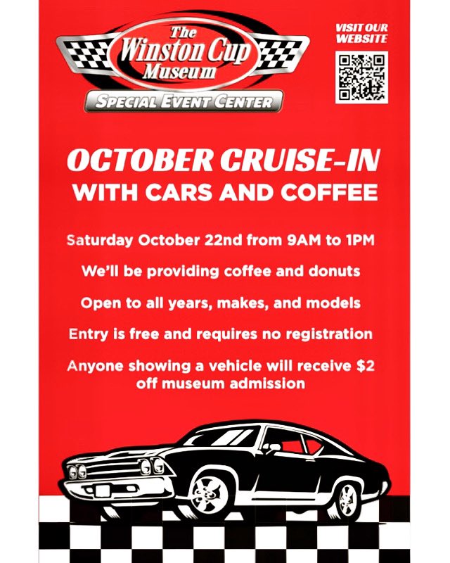 CWSeagraves's tweet photo. Don’t miss the Winston Cup Museum’s Cars &amp; Coffee this Saturday from 9:00 until 1:00!! Coffee &amp; Doughnuts 🍩 will be provided and $2.00 discount off museum admission for all cruise-in attendees!!  So come out and show off that Classic, Hotrod, Rat Rod, Truck, or Motorcycle!! https://t.co/h8KQ6yn0F9