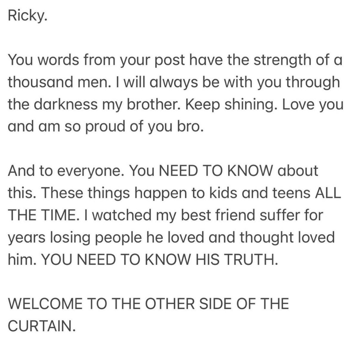 audreyya2115's tweet photo. PLEASE. READ. please spread awareness. ricky’s stories and voice need to be heard. along with em and liam’s. in no way does anyone ever deserve to go through this. my heart has shattered once again. some of the strongest people i know. ricky needs justice. #istandwithricky https://t.co/Q1HgfhVI84