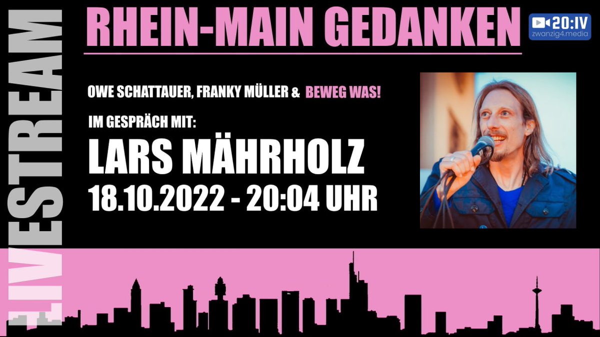 Zwanzig4M's tweet photo. 🔴 20:IV BEWEG WAS! Die Rhein Main Gedanken mit Lars Mährholz | 18.10.2022

Heute Abend begrüßen wir den Begründer der Mahnmachen für den Frieden von 2014, Lars Mährholz. 

Seid LIVE dabei...
Wir freuen uns auf Euch!!! 🤗🖖🏻😎👊🏻❤️

➡️ JETZT GLEICH auf zwanzig4 um 20:04 Uhr LIVE! https://t.co/987plP9CUH