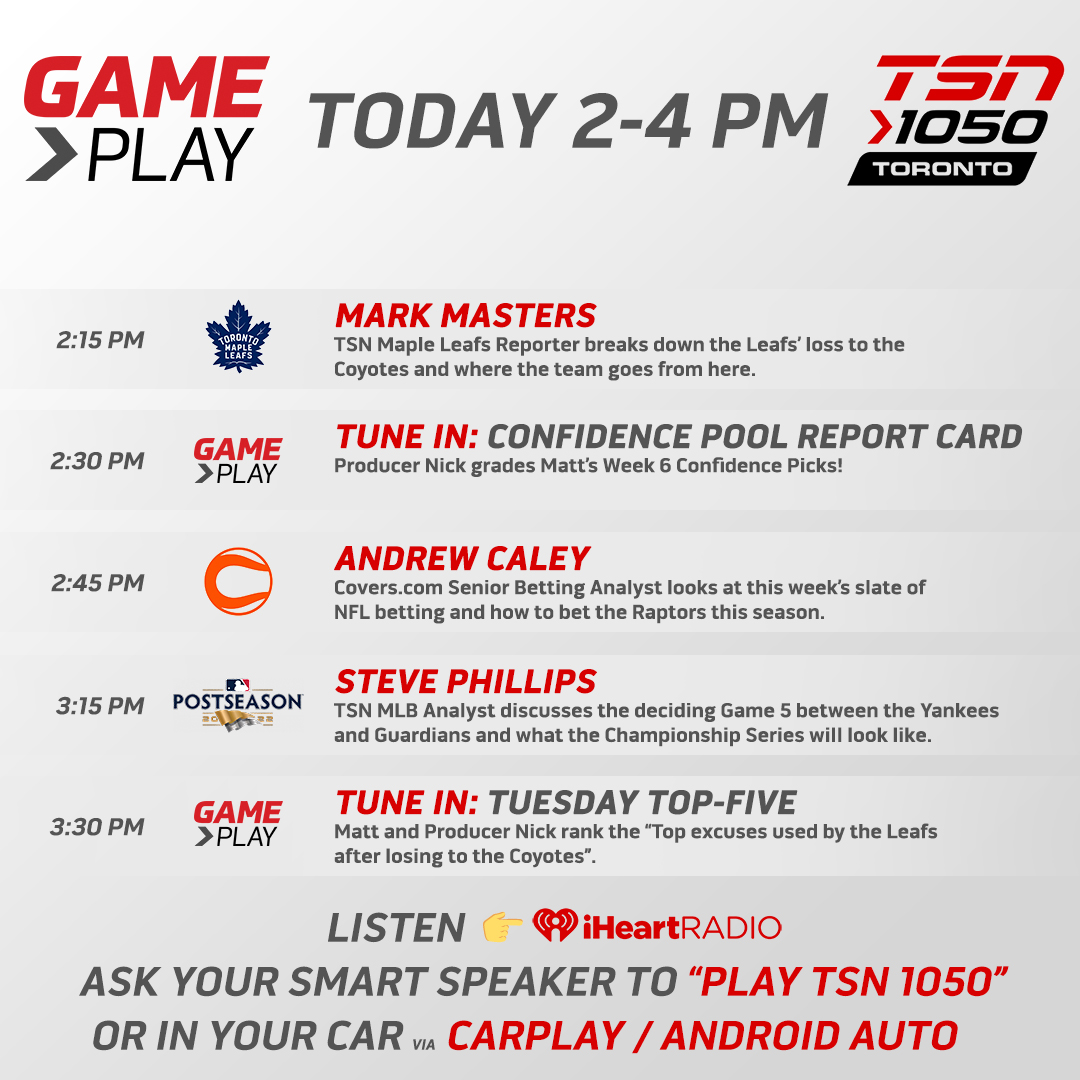 Today on #GamePlay, @mcauz56 will be joined by @markhmasters, @Covers_Caley and @StevePhillipsGM! Listen from 2-4pm on your home speakers, @TSN_Sports App, @iHeartRadioCA App or player.toronto.tsn.ca!