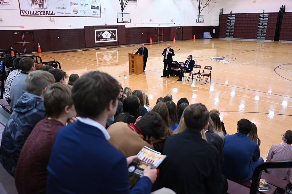 WVcourts's tweet photo. The Supreme Court heard arguments remotely today, Oct. 18, 2022, at Woodrow Wilson High School in Beckley, WV.  The arguments are part of the LAWS program, which exposes students to actual Supreme Court cases at a venue in their local community. https://t.co/qzTyeN3vc8