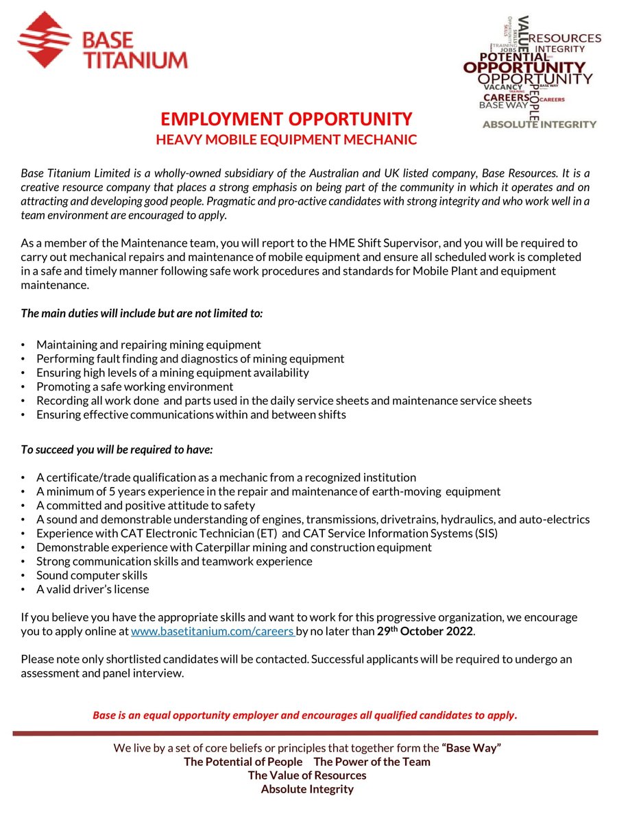 BaseTitanium's tweet photo. Employment Opportunity:
Base Titanium is looking for qualified candidates to fill the following positions
1. Auto Electrician (Heavy Mobile Equipment &amp; Light Vehicle)
2. Heavy Mobile Equipment Mechanic
3. Mechanical Fitter
Candidates are encouraged to apply before 29th Oct 2022. https://t.co/nSJt54frjZ