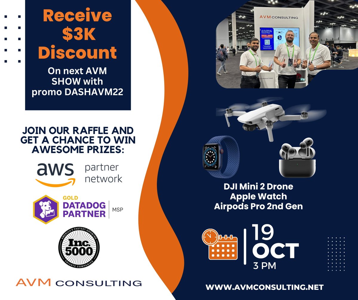 AvmConsulting's tweet photo. Do visit AVM Consulting Booth which is the first booth on far right in the expo hall to meet our team to know more about our Datadog offerings and our customer success stories.
.
 #avmconsulting, #dash #dash2022 #datadog #datadogpartner https://t.co/QExfNC8vnm