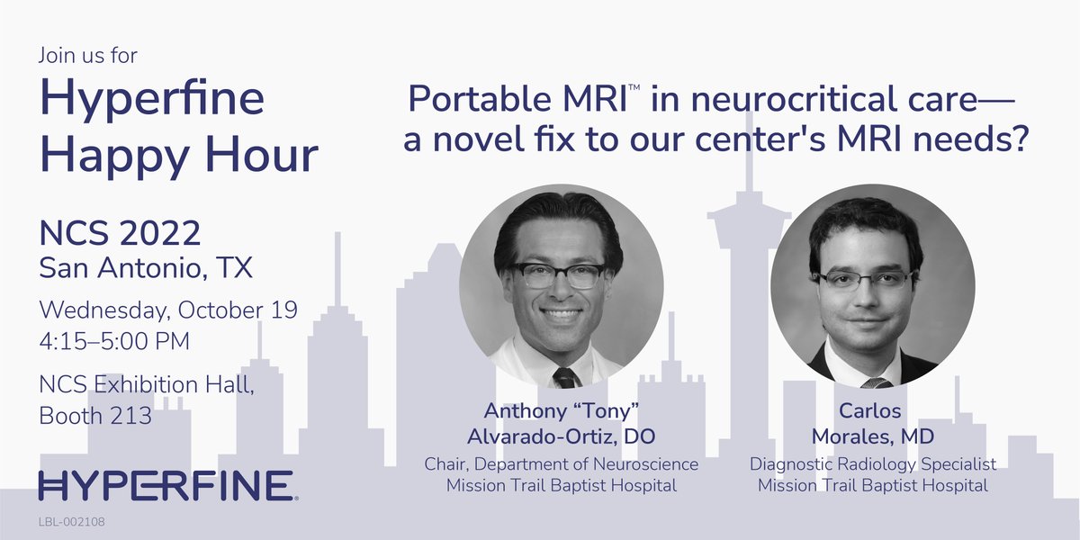 Hyperfine's tweet photo. Tomorrow at 4:15PM, we invite you to join us for a happy hour presentation with drinks and a discussion at #NCS22! Hear from two #physicians regarding how the Swoop® Portable MRI™ in their clinical practice improves hospital workflow and quality of care. https://t.co/1TkA7bFGBM