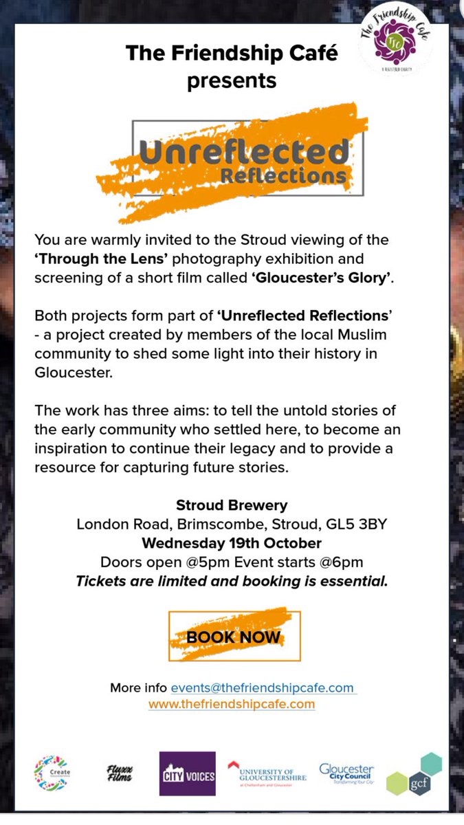 creatingspace4u's tweet photo. Still time to book on this for tomorrow. 

Really inspiring. The more we learn about other communities the more we connect with our shared humanity and compassion for all our journeys.

Very much worth spending your precious time on! #Stroud #Muslim #Gloucester #Community https://t.co/rIyRdHg5A9