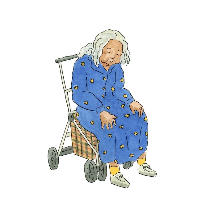 おはようございます昨日は「もう逃げ出したい」という気分でしたが、一晩明けて少し復活母業は、苦手なことの連続で疲れるな送迎中に見かけたお婆ちゃんを思い出して描きました。青いワンピースを着たお婆ちゃん。この手押しのキャリーバッグ、シルバーカーとも言うらしい 