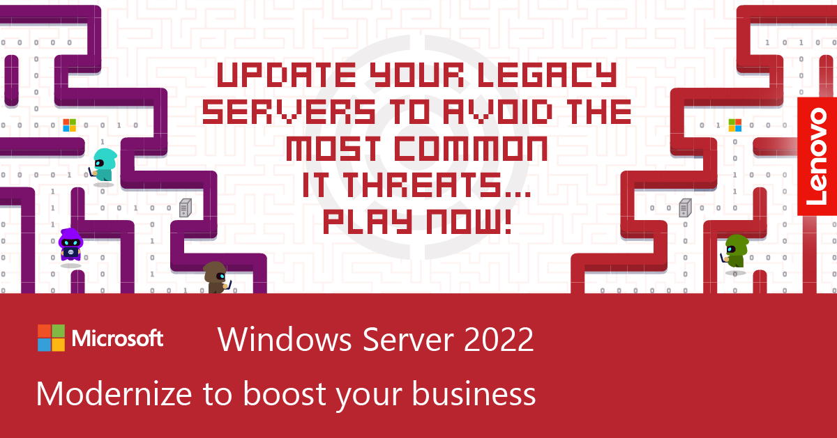 netomardav's tweet photo. Mal, Sluggish, Costly and Crash, the four IT Threats, are coming to get you! 

Update your legacy servers and operating systems and beat them in our Upgrade Mania maze game!

 Play now at https://t.co/3oYv4abgR7

#WindowsServer 
#LenovoSolutions https://t.co/VoBqfZoCsm