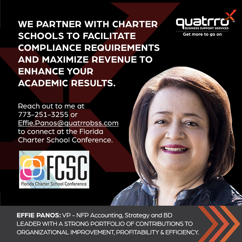 Quatrro_QBSS's tweet photo. Meet our experts! Connect with Effie at the Florida Charter School Conference to find out how you can maximize revenue to enhance your academic results.
 #GMTGO #QuatrroBSS #GetMoreToGoOn #F&amp;A #Finance #Accounting #TechServices #Technology #Outsourcing #FCSC #FCSC2022 https://t.co/3EQ7GiE0lh