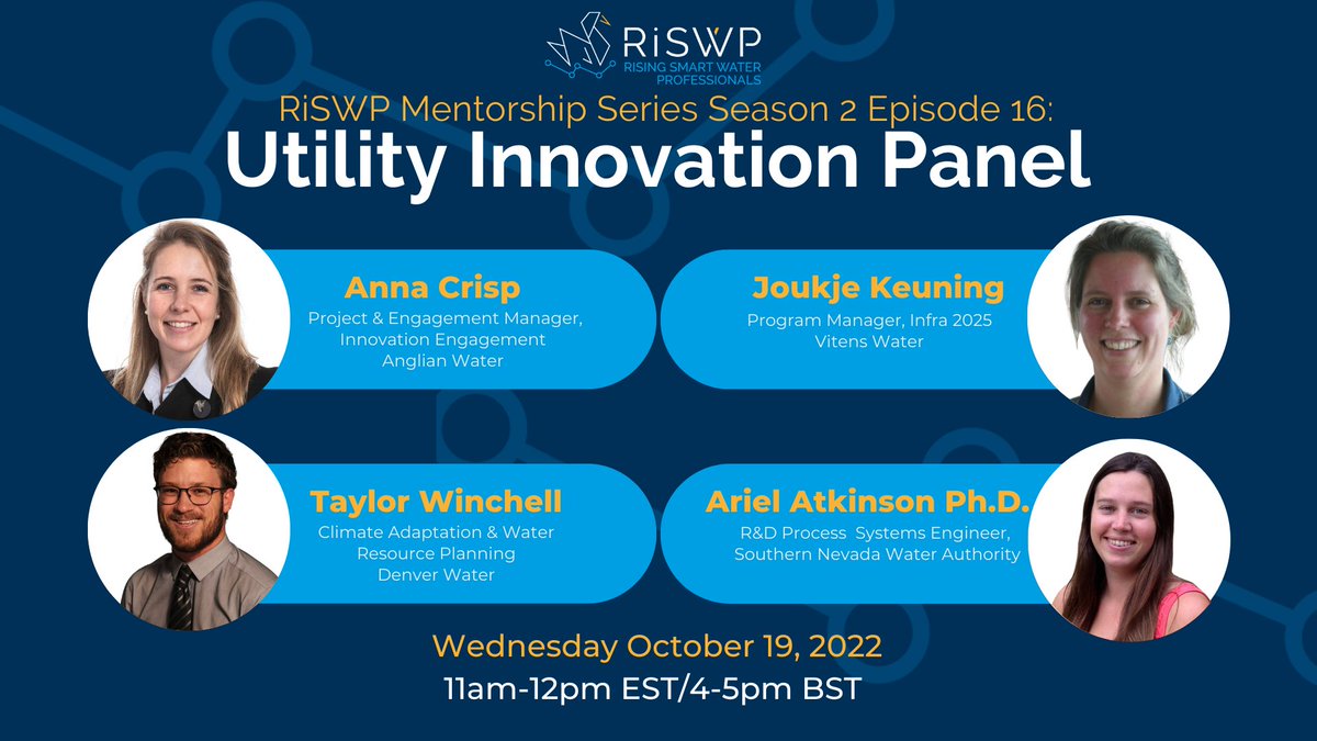 SWAN_forum's tweet photo. 🚨REMINDER🚨
Join us for the #RiSWP Utility Innovation Panel tomorrow, October 19th at 11 AM EST.
You'll meet leaders from @AnglianWater, @Vitens, @DenverWater and @SNWA_H2O
An oppotunity not to miss!
Register here: https://t.co/jtEo9k4DZM https://t.co/6UD0qX6Rb2