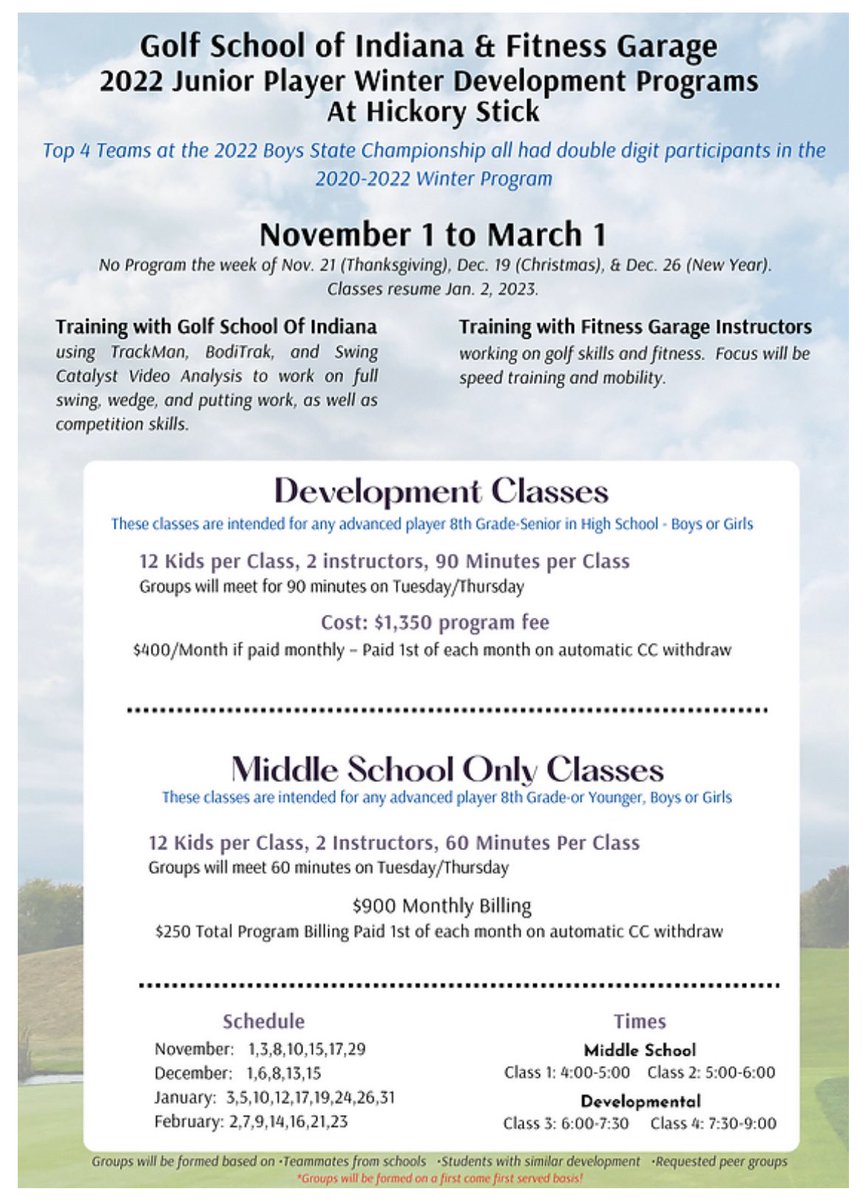 CenterGroveGolf's tweet photo. Attention ALL middle school and high school golfers! Golf School of Indiana and Hickory Stick will be partnering this winter! This is a FANTASTIC opportunity to develop your golf game. See flyer attached and get registered asap! https://t.co/Ks8virXIhQ