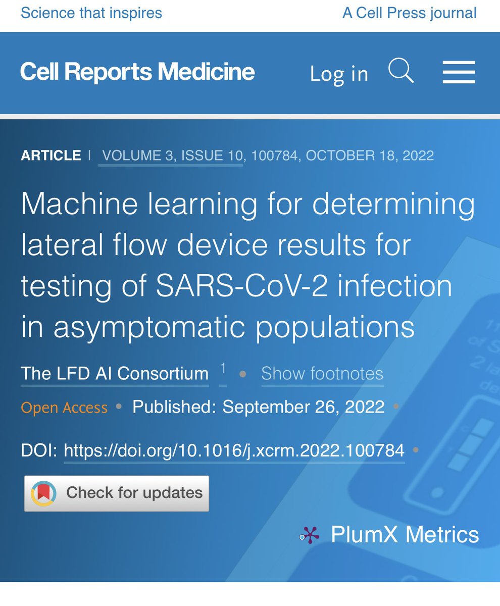 Andrew Beggs (@adbeggs) on Twitter photo It’s finally in print! Our paper <a href="/CellRepMed/">Cell Reports Medicine</a> looking at using a digital AI reader make by <a href="/SensyneHealth/">Sensyne Health</a> to increase the accuracy of interpretation of LFDs - props to many people listed below - paper is here:
cell.com/cell-reports-m… It’s finally in print! Our paper <a href="/CellRepMed/">Cell Reports Medicine</a> looking at using a digital AI reader make by <a href="/SensyneHealth/">Sensyne Health</a> to increase the accuracy of interpretation of LFDs - props to many people listed below - paper is here:
cell.com/cell-reports-m…